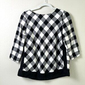 J Jill Love Linen Top Womens Size XS Black White Buffalo Plaid Pullover Shirt